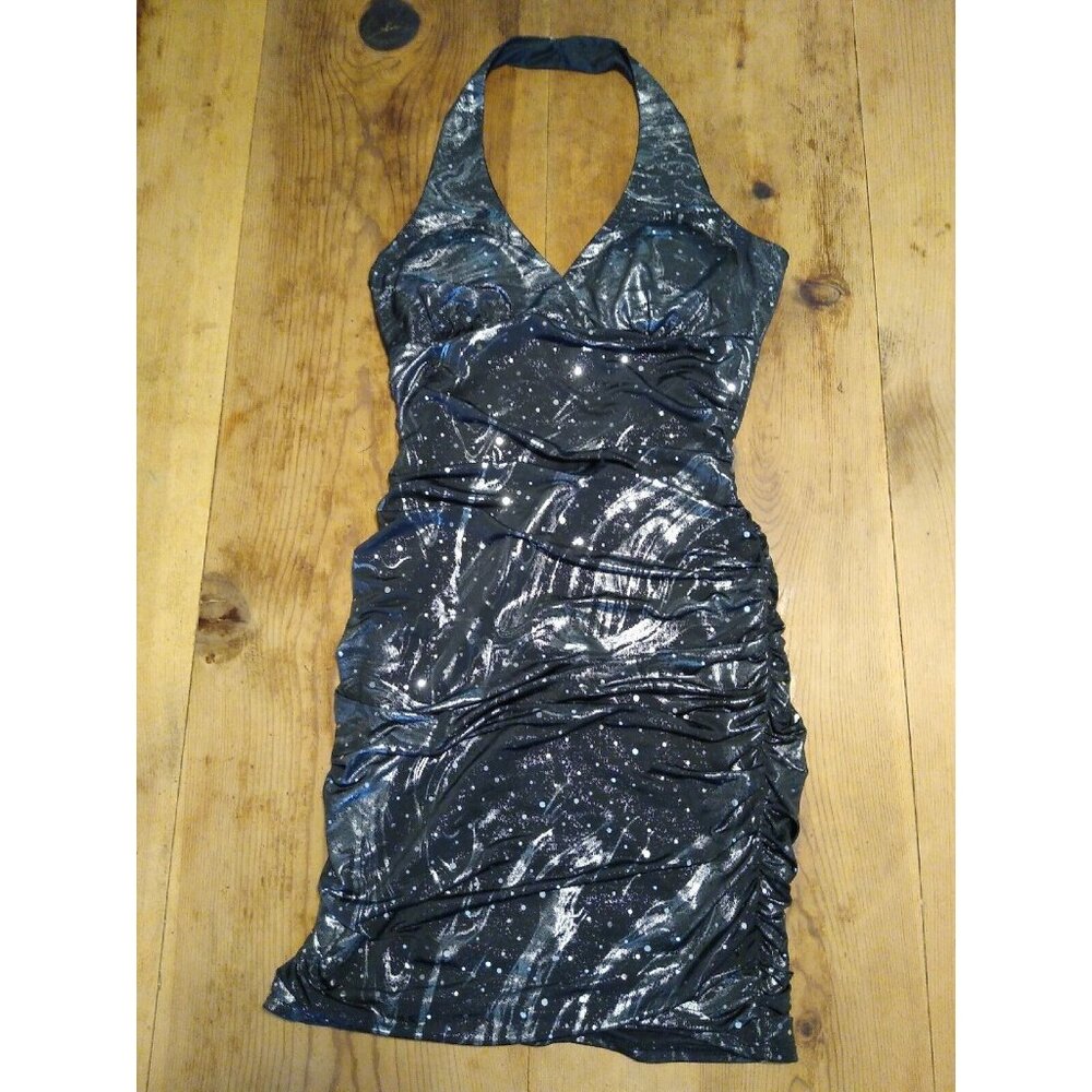Vtg Taboo Juniors Sz L Dress Halter V Neck Mini Gold Sparkly Sleeveless Ruched
